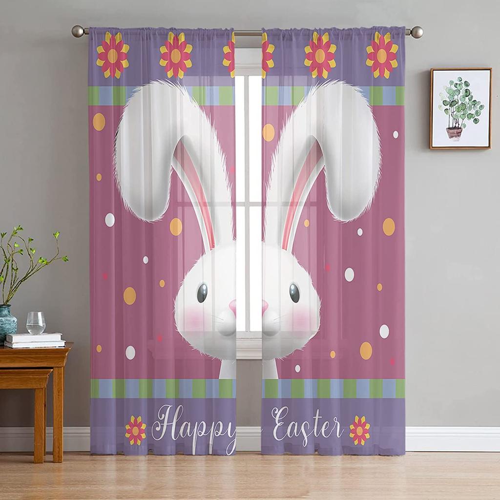 Easter Window Sheer Curtains for Bedroom Living Room Easter Egg Easter Bunny Spring Flower Chiffon Voile Sheer Drapes Curtain