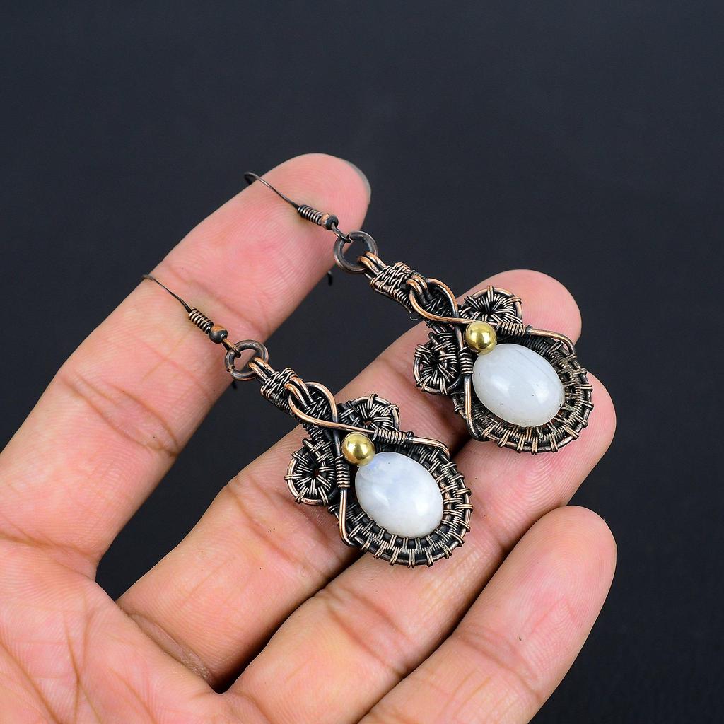 Rainbow Moonstone Earrings Gemstone Jewelry, 999 Copper Wire Wrapped Earrings, Handmade Beautiful Jewelry Earrings