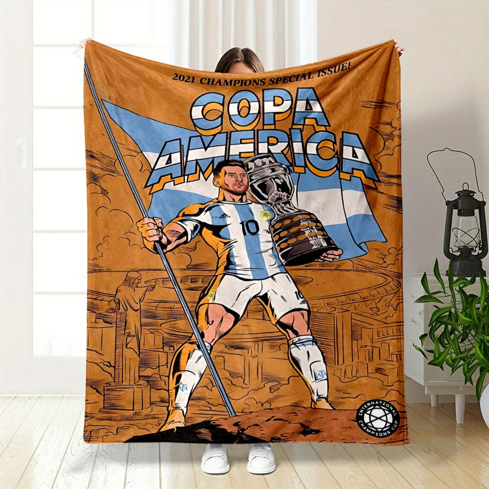 A soccer player holds a flag and trophy with "COPA AMERICA" typography. for all seasons blanket lunch break throw gift