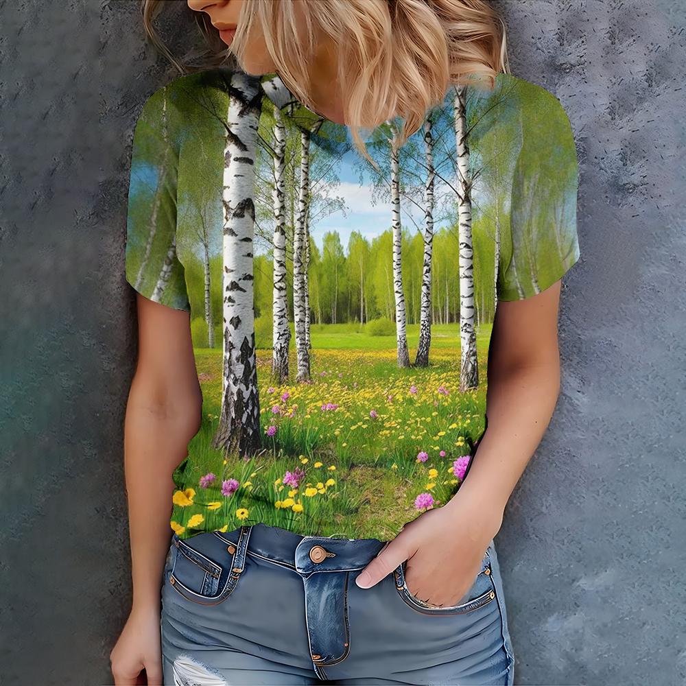 2025 Новая женская футболка с круглым вырезом и принтом, повседневная, базовая, модная, женская, с ландшафтным дизайном