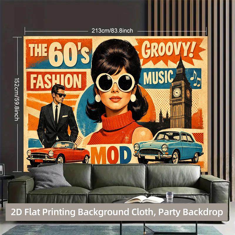 1 piece of 2D background fabric, polyester background fabric for a retro fashion music party banner from the 1960s