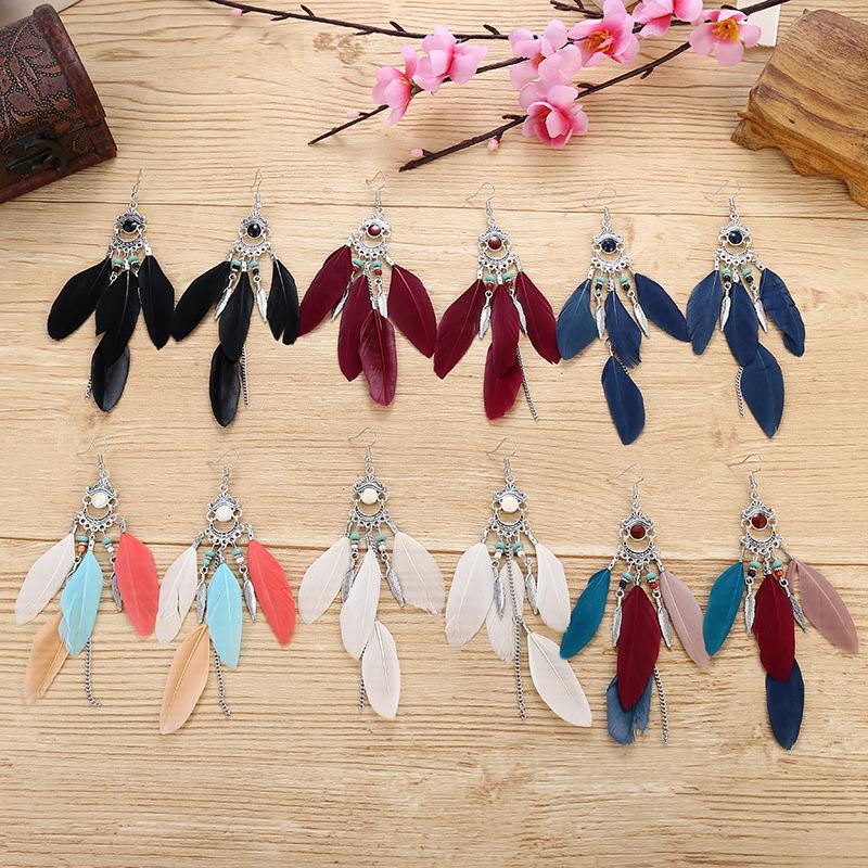 Vintage Long Feather Earrings Bohemian Personality Pattern Earrings Vacation Travel Earrings