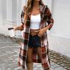 Women Spring Fall Coat with Hood Plaid Printing Loose Mid Length Long