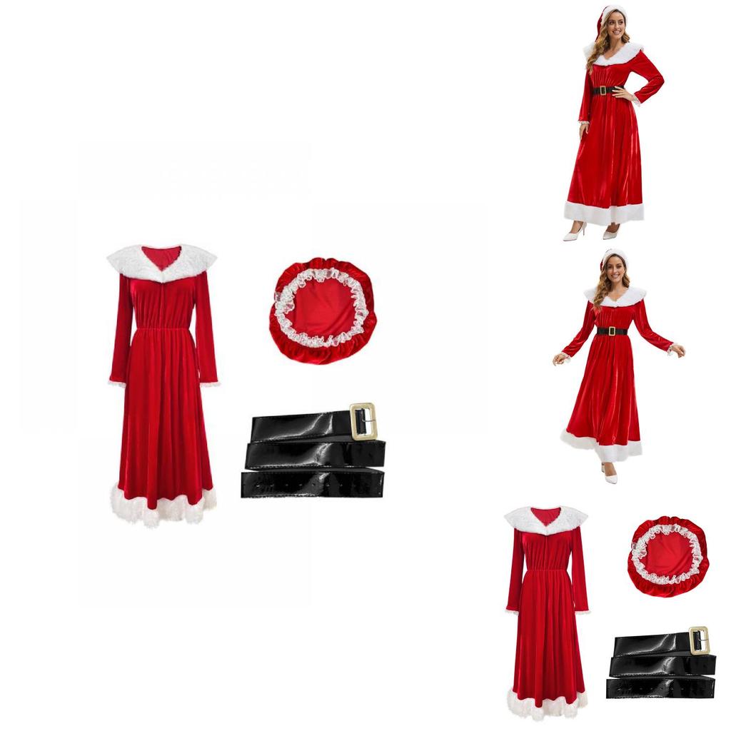 Christmas Party Vintage Velvet Long Dress Set With Hat And Belt For Women