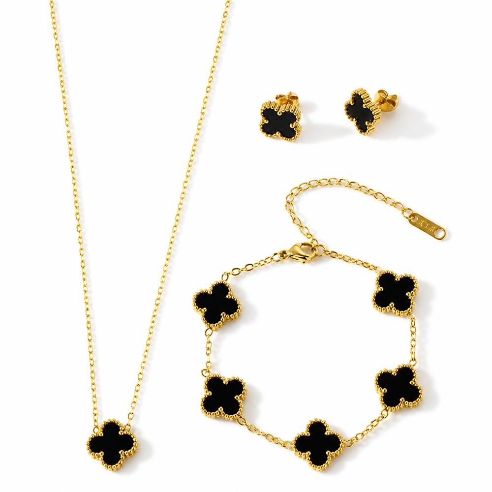 18K Gold-plated 13mm Four Leaf Clover Stainless Steel Jewelry Set Necklace Bracelet Earrings 3-Piece Set for Women Party Trendy