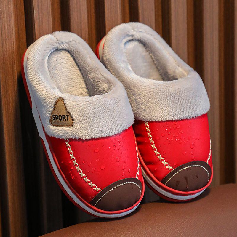 Водонепроницаемые Нескользящие Зимние Теплые Хлопковые Тапочки с Бархатом и Искусственной Кожей для Мужчин, Женщин и Детей