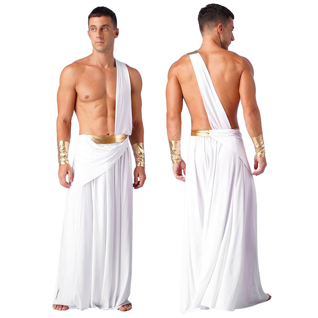 Mens Ancient Greek Cosplay Costume Long Skirt Wristbands One Shoulder Strap Roman Toga Halloween Warrior Gown