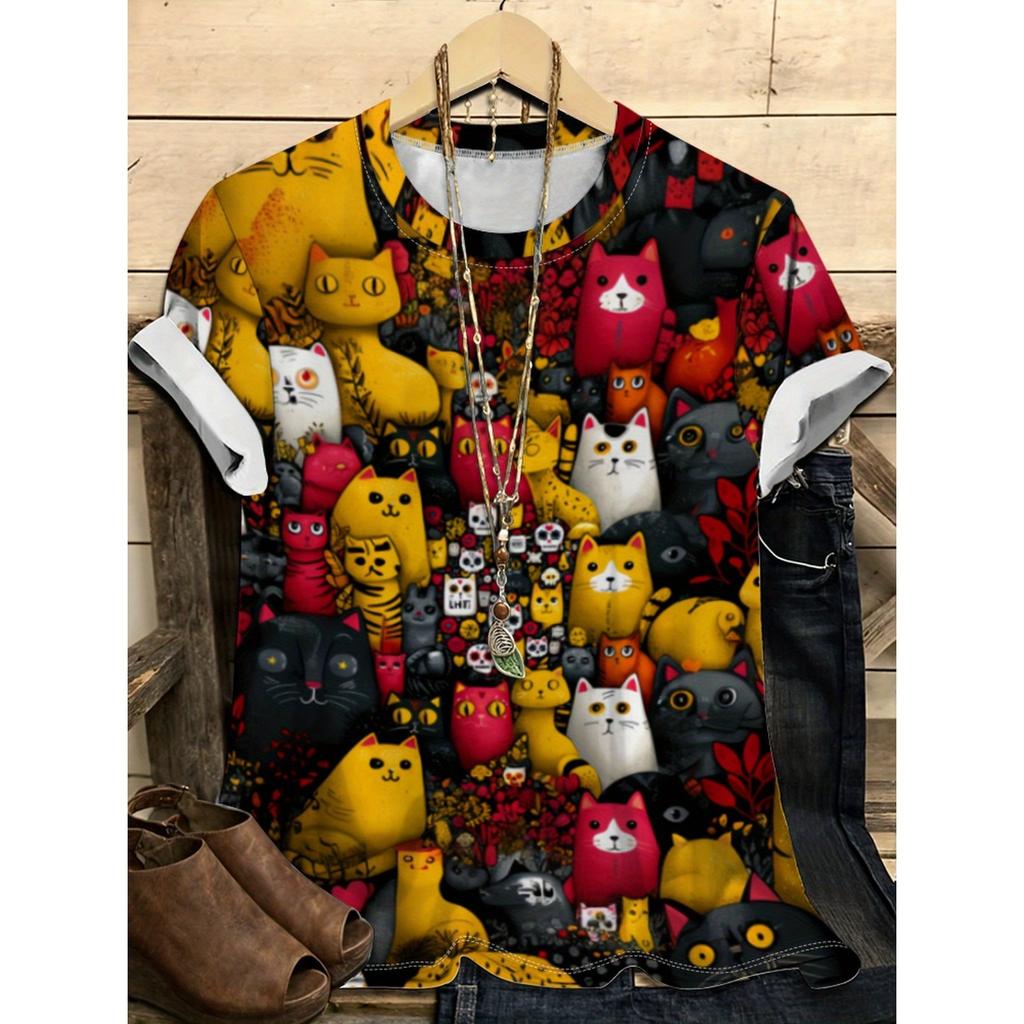 Летняя футболка с круглым вырезом, мультяшным кошачьим принтом и 3D-печатью, модная повседневная женская футболка с коротким рукавом