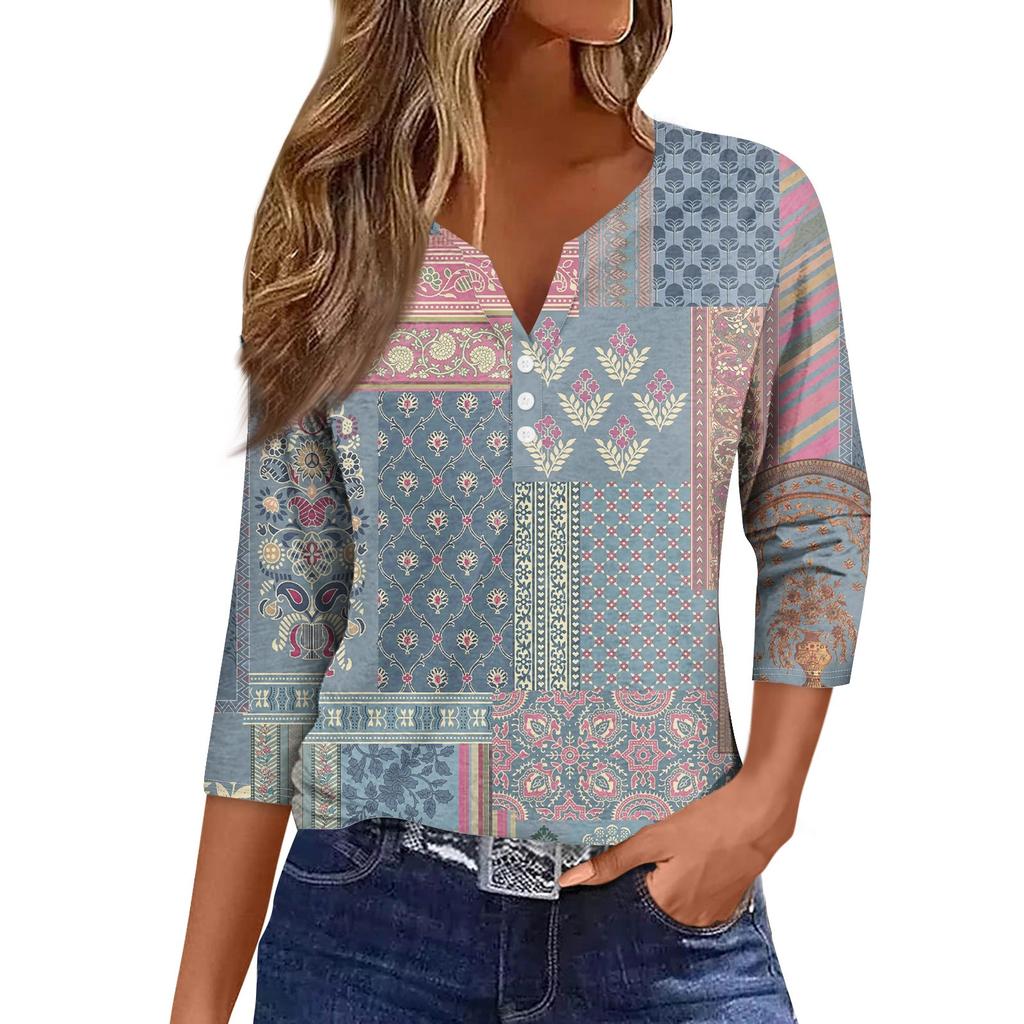 Женская модная повседневная футболка с коротким рукавом и V-образным вырезом, декоративными пуговицами и рукавом три четверти