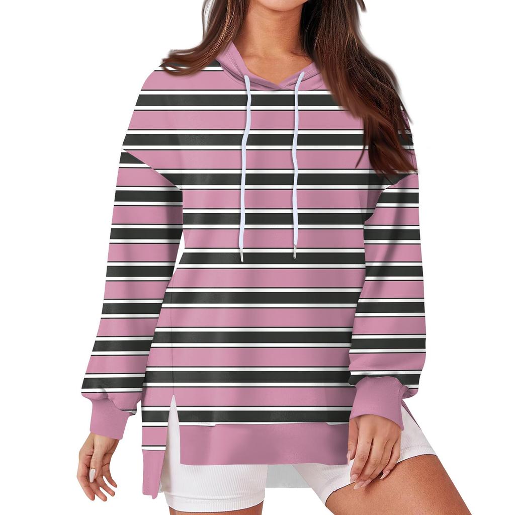 Женская модная повседневная толстовка с капюшоном с длинными рукавами и завязками, полосатая лоскутная принтованная свободная толстовка с разрезом