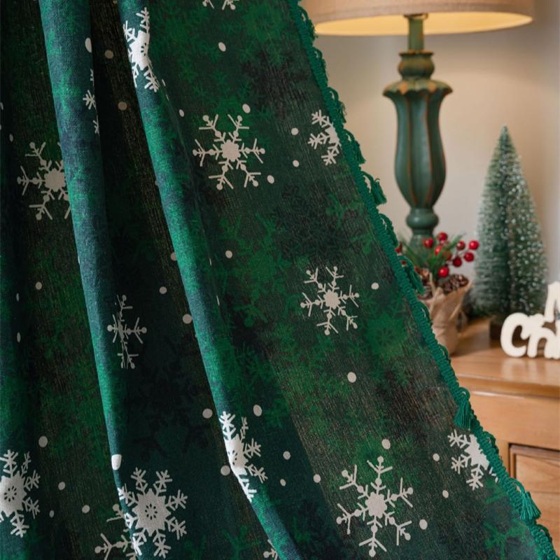 Рождественские шторы Green Snowflake — полупрозрачные шторы для кухни и эркерные занавески | Фильтрующая свет перегородка для праздничного декора (Готовые)