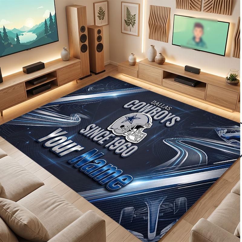 Dallas Cowboys Personalized Crystal Velvet Carpet, Customized Name Text Soft Anti‑Slip Rug for Living Room Bedroom