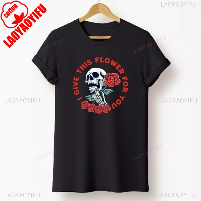 Skull Rose Shirt Gothic Floral Skeleton Love Tee Cotton Summer Short Sleeve Casual Streetwear Dark Aesthetic Vintage Style