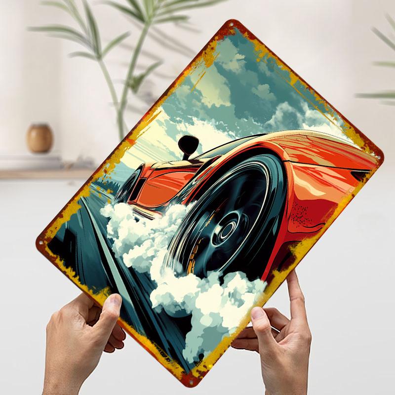 Red Sports Car Drifting Printed Poster Customized Wall Art Retro Vintage Metal Tin Signs for Garage Home Decor Living Room Items