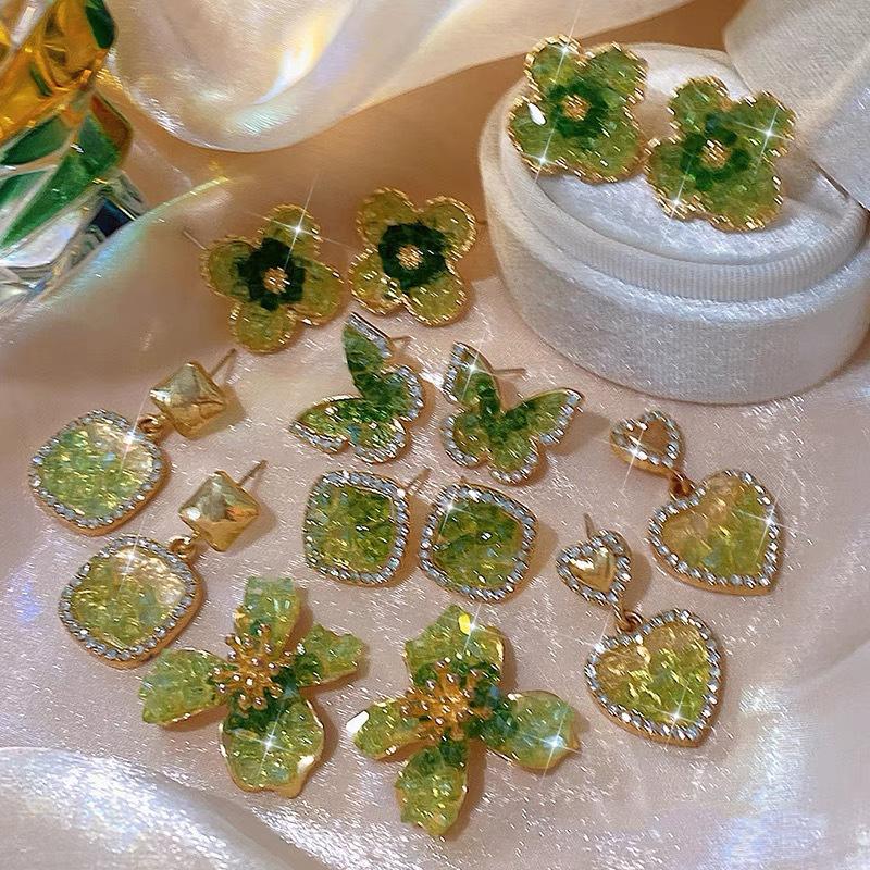 Green Crystal Flower Butterfly Earrings Summer Small Fresh and Sweet Stud Earrings 2025 Explosion High-end Earrings Women