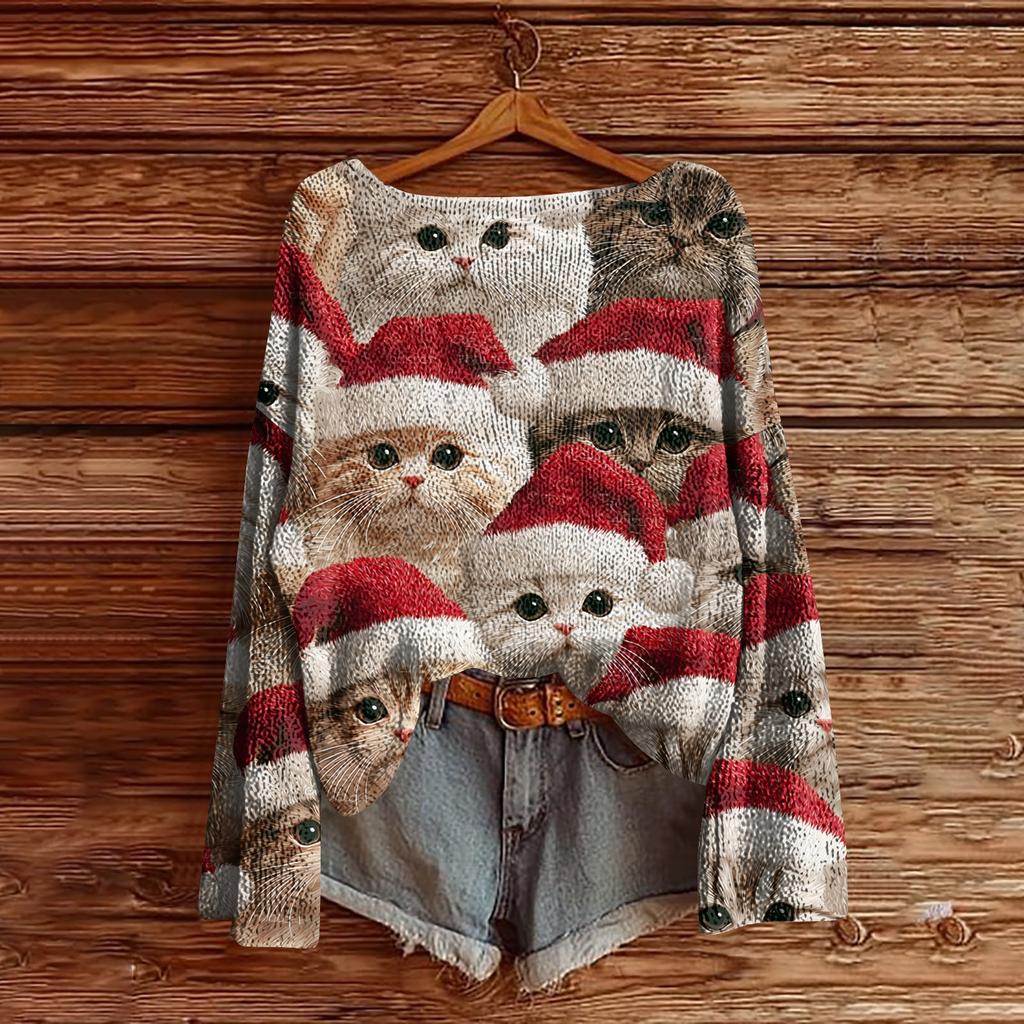 Women's Christmas Print Lightweight Sweater Casual Long Sleeve Knitted Pullover