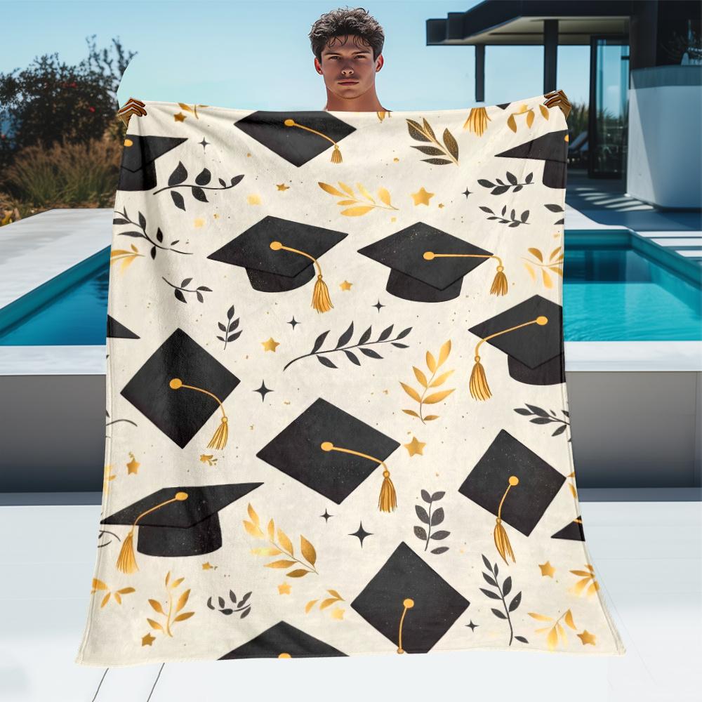 Graduation Cap Gold Leaves Stars Fleece Blanket Graduation Gift for Students College Party Decor Soft PlushThrowCelebrationTheme
