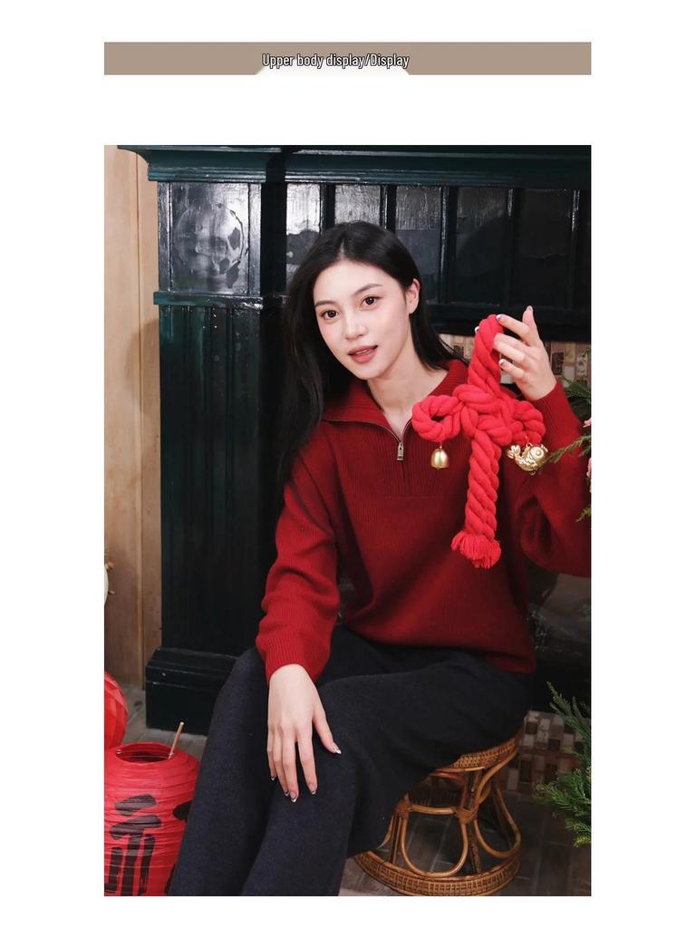 2025 Red Wool Zip-Up Collar Knit Pullover for Women - New Year Collection