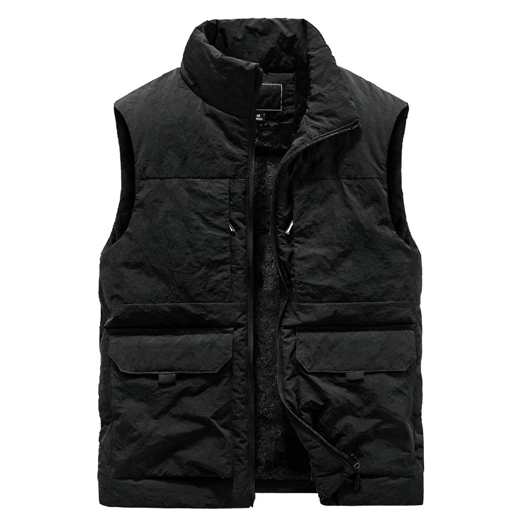Men's Casual Solid-color Sleeveless Cotton Vest, Men's Fleece Thickened Multi-pocket Stand-up Collar Workwear Jacket