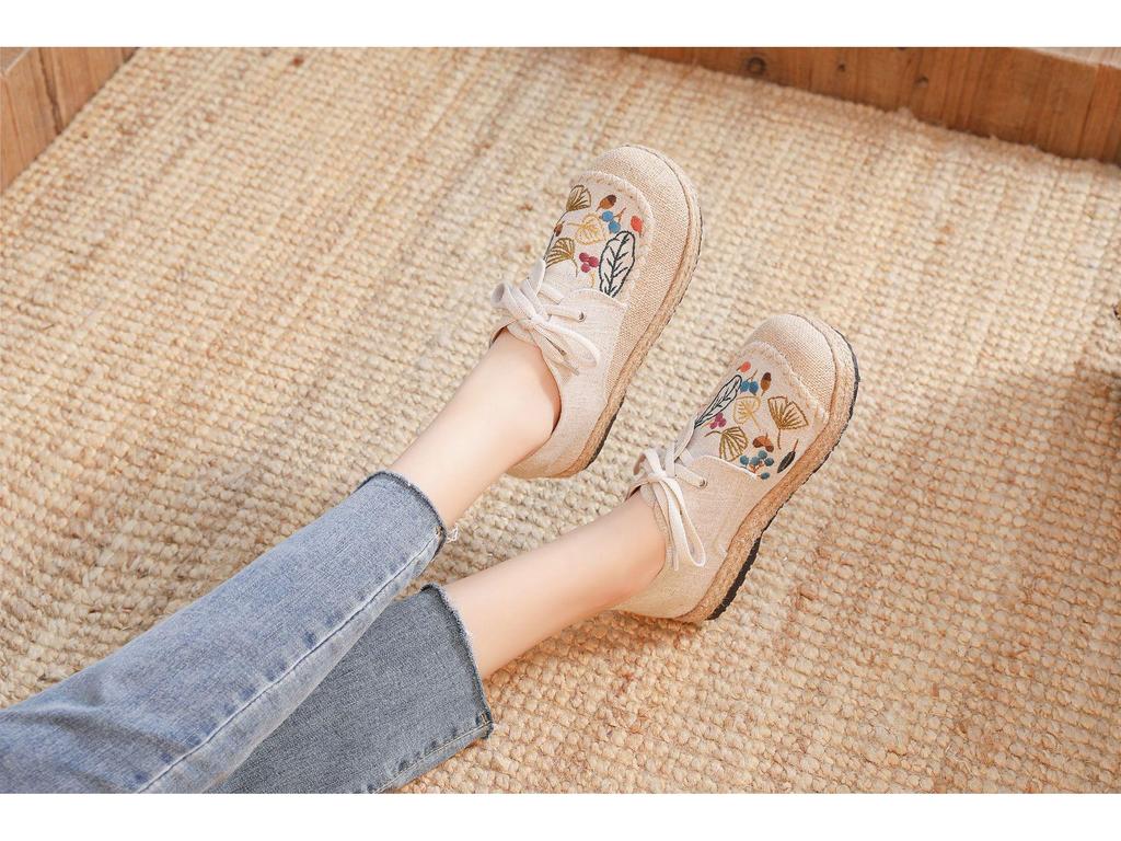DX-23 Женские осенние льняные повседневные туфли - Этническая вышивка, Дизайн на шнуровке