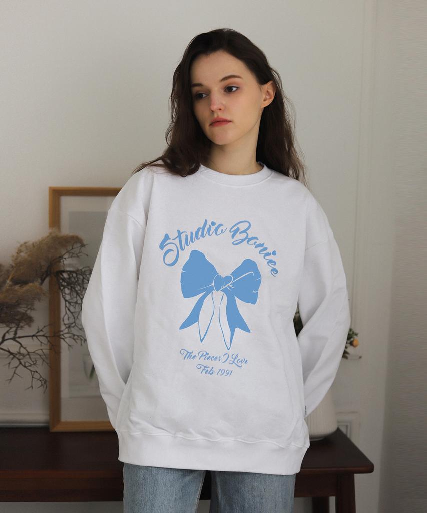 BONIEE [Fleece Lined] Ribbon Graphic Oversized Sweatshirt White