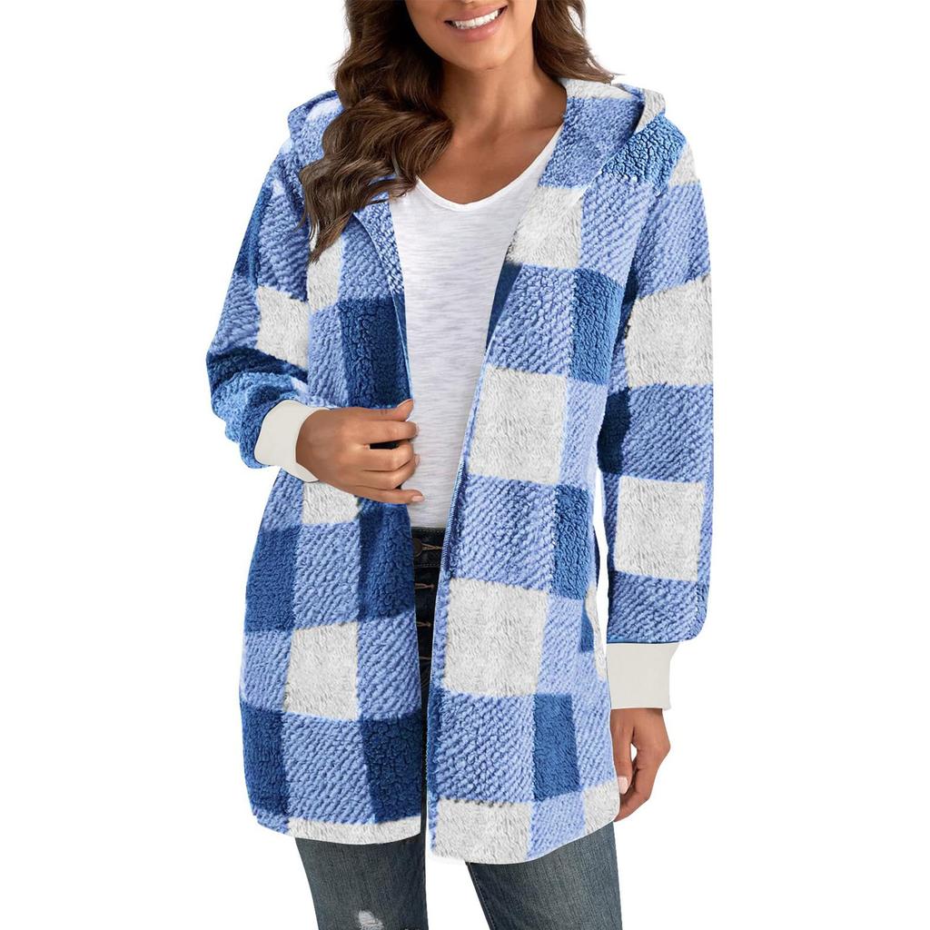 Женские зимние пальто, теплые плюшевые куртки, открытый спереди, длинный рукав, кардиган, модная клетчатая пушистая верхняя одежда