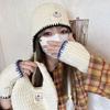 Women's Three Piece Japanese Warm Straps Knitted Head Hats Winter Versatile Finger Exposed Gloves and Bags Trendy