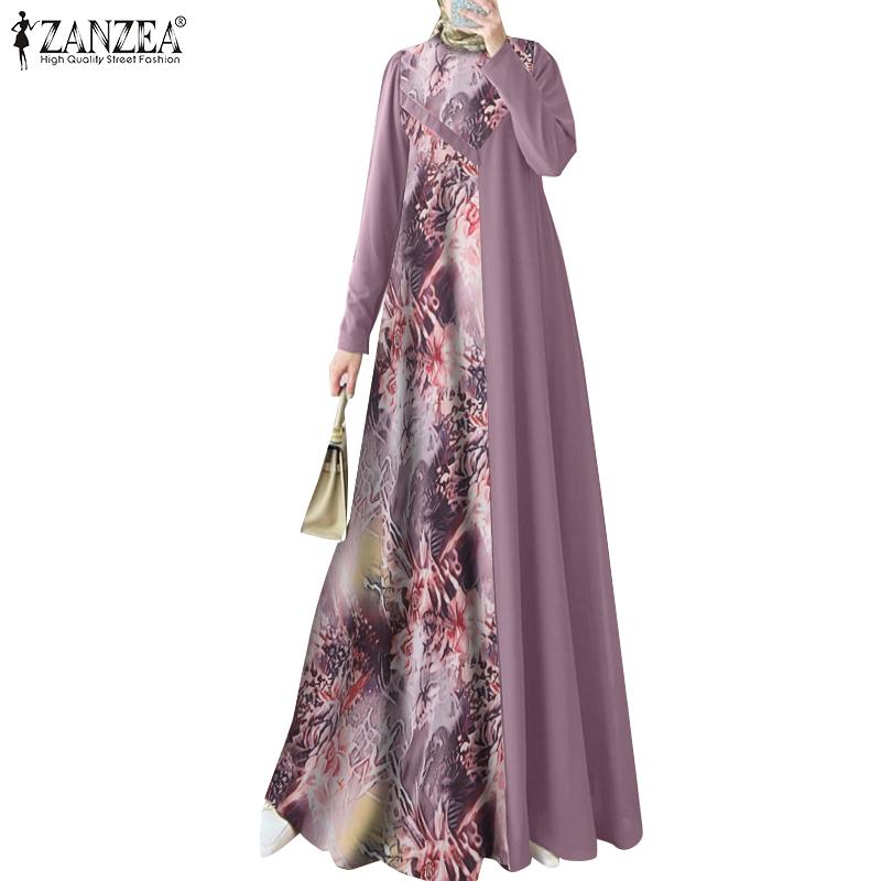 ZANZEA Женское мусульманское платье с круглым вырезом и длинными рукавами, цветное свободное платье