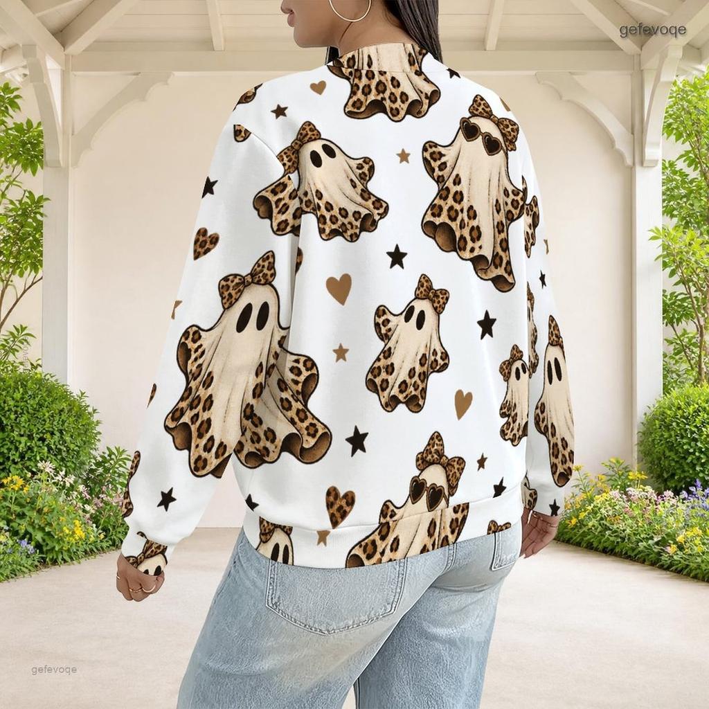 Women Plus Size White Leopard Heart Lock Printed Baseball Collar Long Sleeve Jacket With Pockets