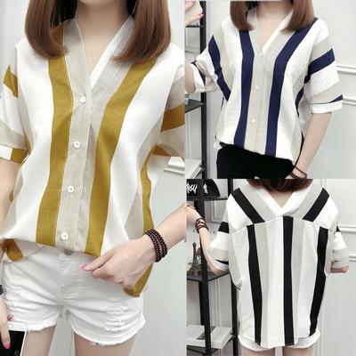 Модная женская верхняя полосатая рубашка с коротким рукавом и v-образным вырезом для отдыха, свободная блузка
