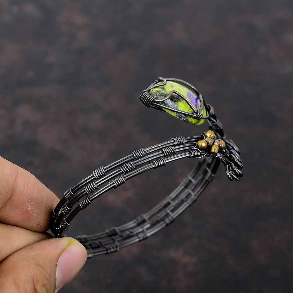 Браслет-манжета с самоцветом стихтит, обмотанный медной проволокой, регулируемый браслет-бенгл, медные украшения ручной работы, браслет-манжета, антикварные украшения для подарка