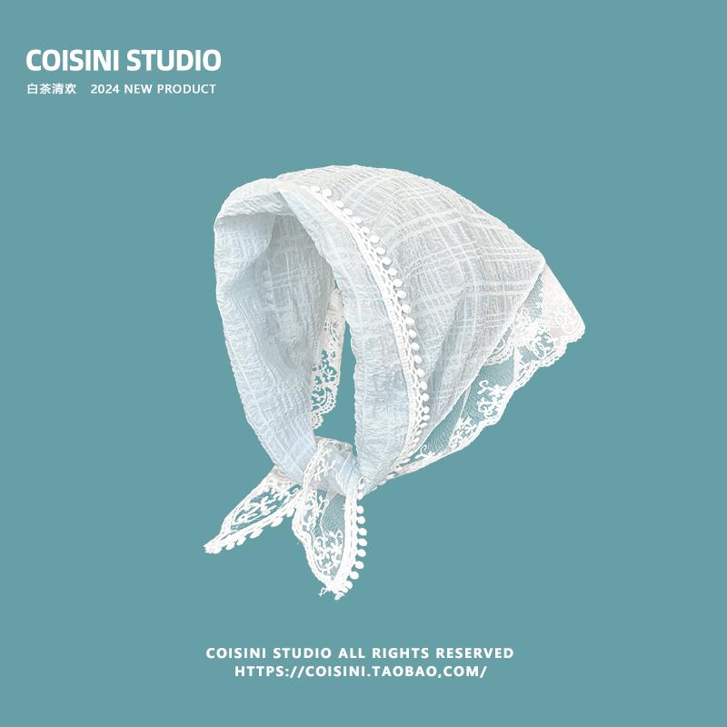 Треугольный платок для волос во французском пасторальном стиле для женщин, весенний и летний дорожный универсальный шелковый шарф с кружевным цветком в стиле ретро