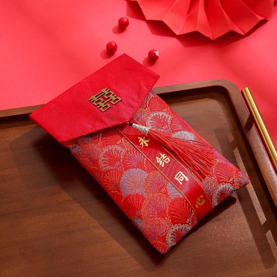 Chinese New Year Red Cash Envelope Faux Silk Red Pocket Embroidery Dragon Pattern Tassel Money Holder Cash Coin Gift Lucky Money Envelope Happy