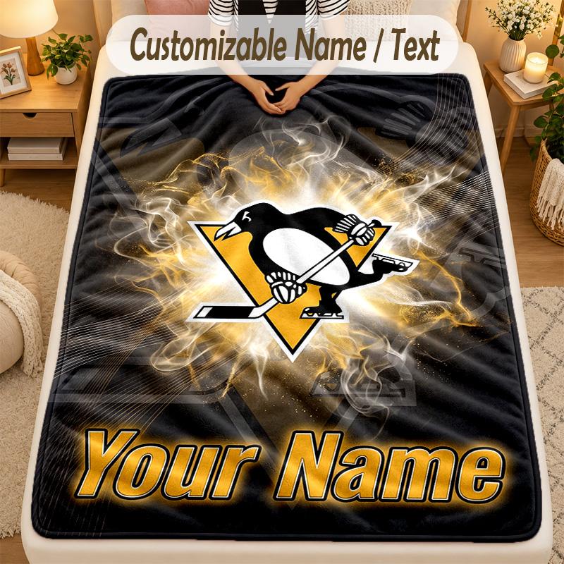 Flannel BlanketPittsburgh Penguins Custom Name Text Personalized Soft Warm Throw Blanket Home Decor Gift