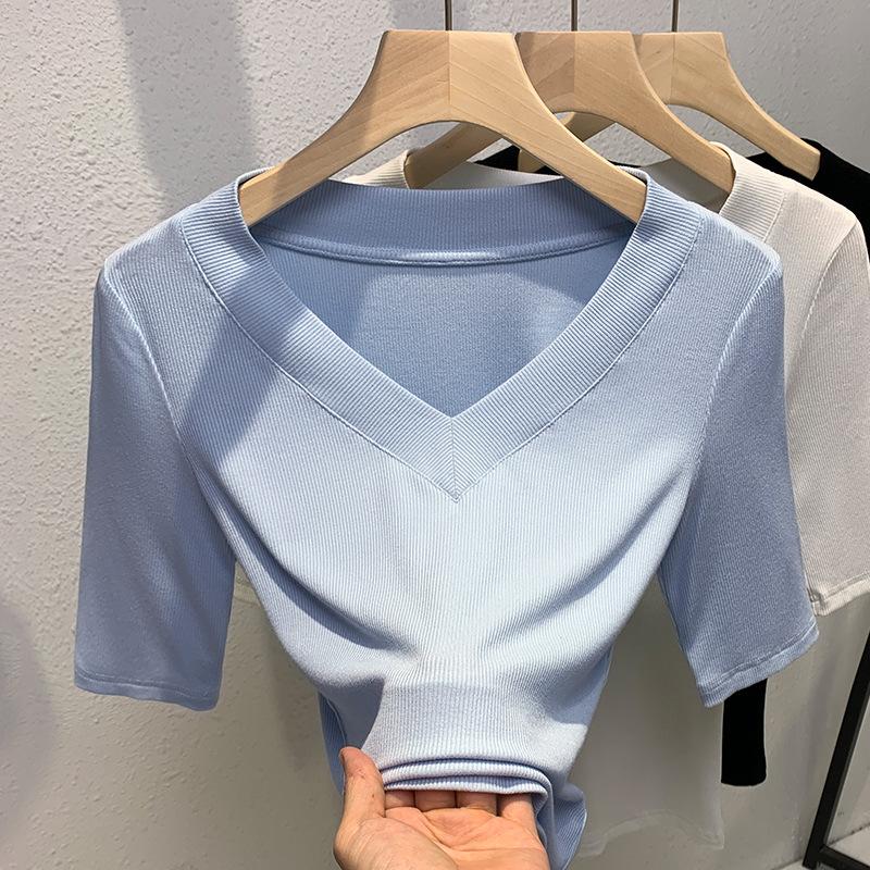 Черная футболка со средним рукавом для женщин, новый стиль женской одежды, футболка с глубоким V-образным вырезом и короткими рукавами, застегивающаяся на талию, верхняя часть из нити