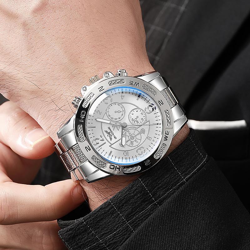 Men'S Business Fake Three-Eye Steel Belt Watch Fashion Quartz Watch