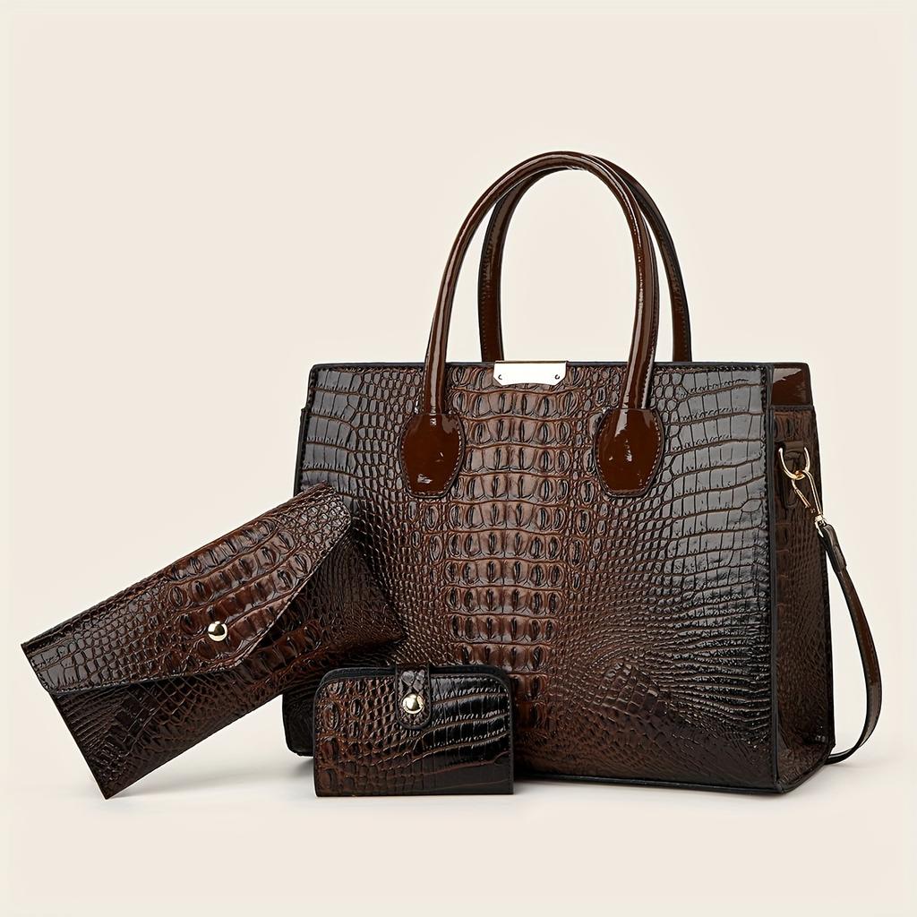 Large Capacity Crocodile Pattern Bag for Women Classic Tote Bag Single Shoulder Bag Crossbody Wallet 3 Pieces