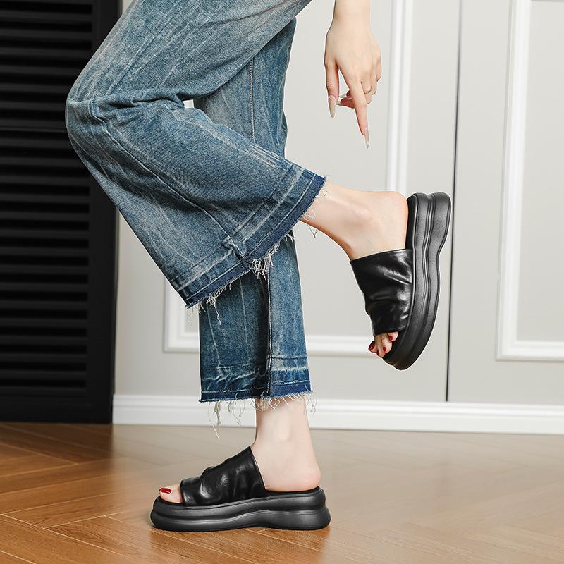 Pleated feeling~ versatile slippers women's thick-soled outer wear is comfortable and not tired, cool feet slippers women's retro open-toe one-wo