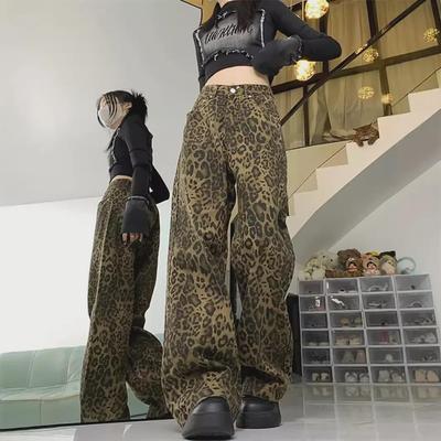 Женские джинсы с широкими штанинами в стиле ретро с леопардовым принтом в американском стиле — стильные повседневные брюки свободного кроя для весны и осени