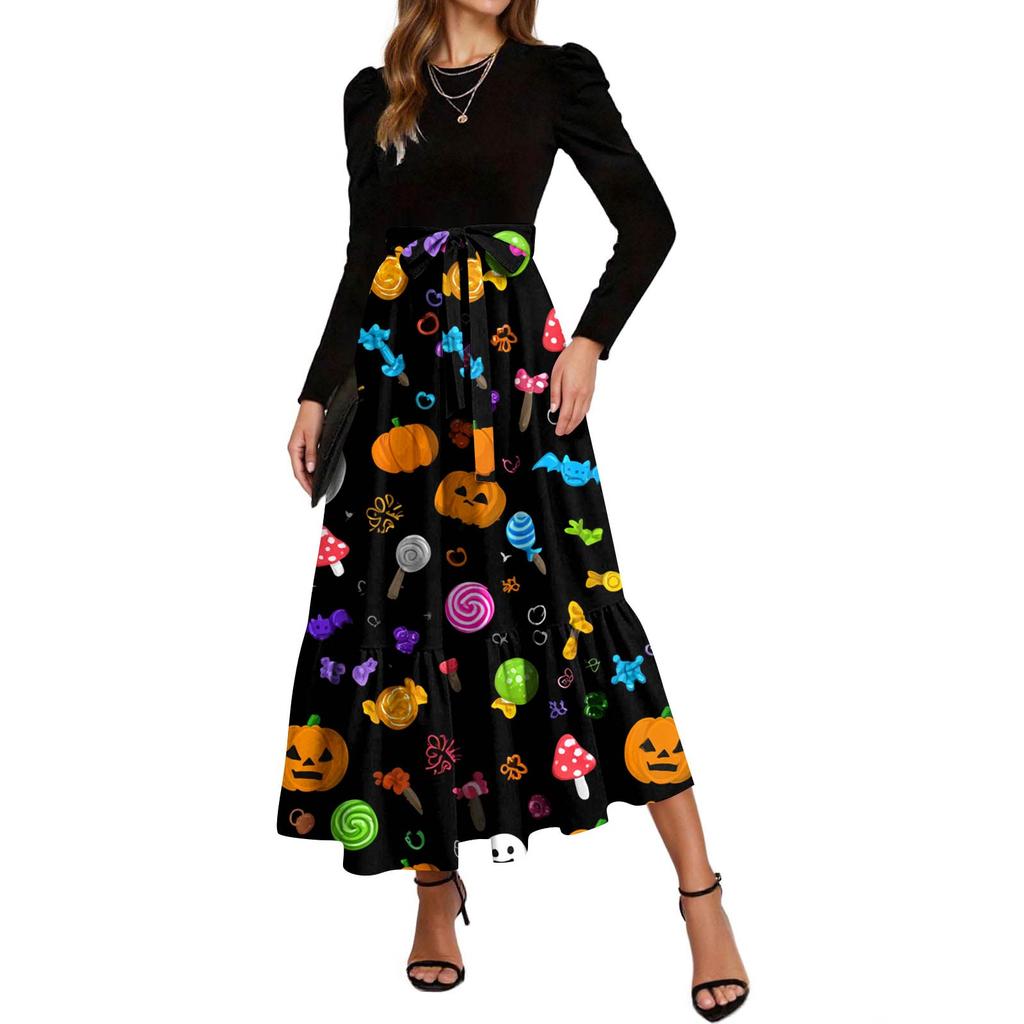 Women's Fashion Casual Belted Long Sleeve Round Neck Halloween Printed Elegant Temperament Dresses