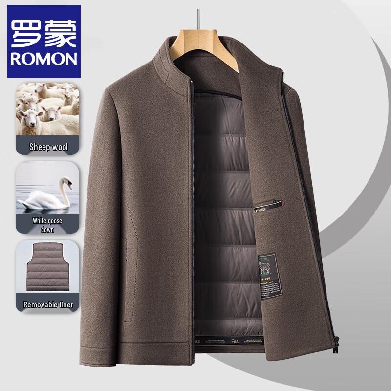 ROMON Men's Wool Blend Stand-Collar Overcoat with Detachable Down Liner