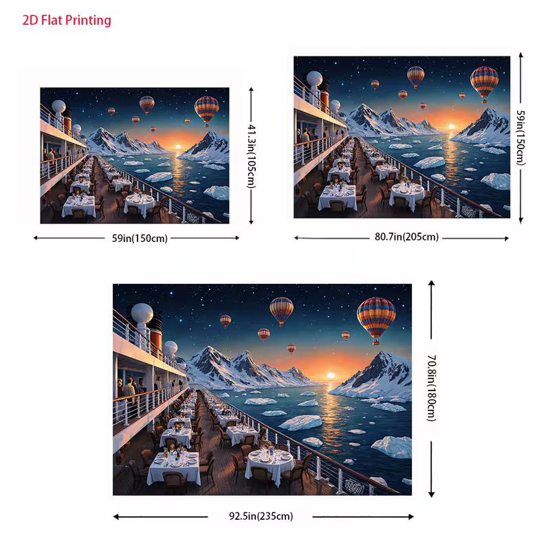 2D Cruise Ship Tapestry for Living Room, Luxury Deck Dining with Arctic Icebergs and Sunset