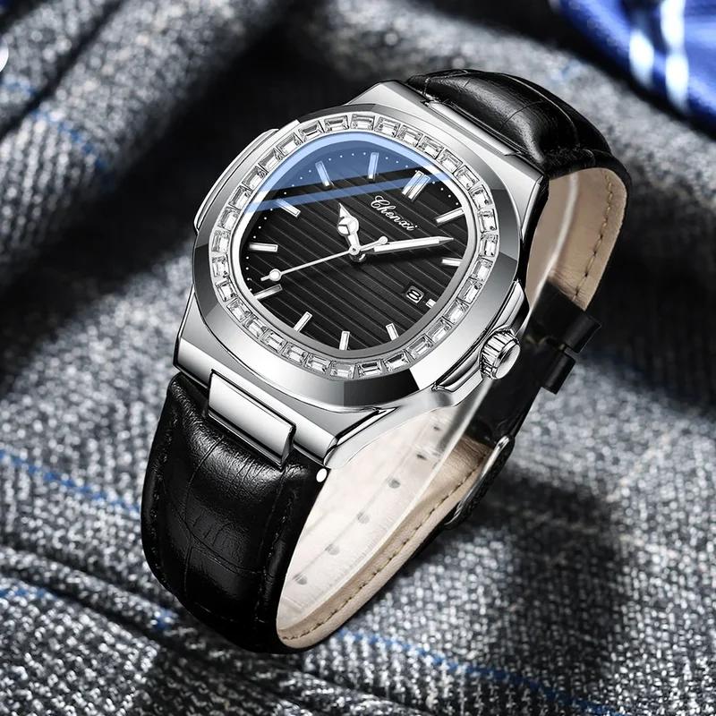 Chenxi Мужские часы Роскошные Водонепроницаемые Светящиеся Кожаные Часы Спорт Кварцевые Часы Прозрачная Задняя Крышка Дата Бизнес Наручные Часы