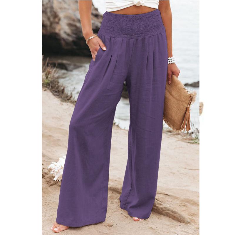 Fashion Casual Green Wide Leg Pants Women Elastic Solid Cotton Linen Long Pants Female Loose OL Style Womens Trousers
