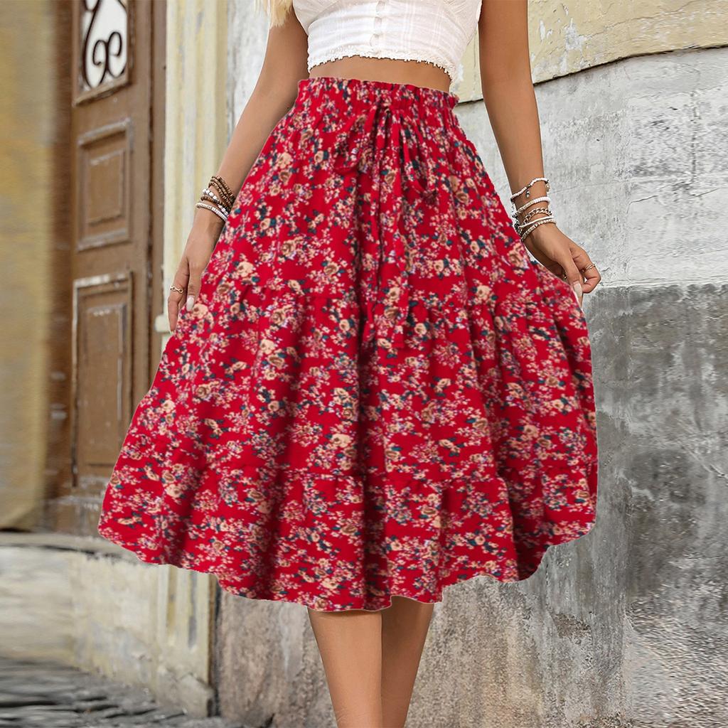Women's Fashion Pleated Floral Print Elastic Waist Loose Lace Skirt
