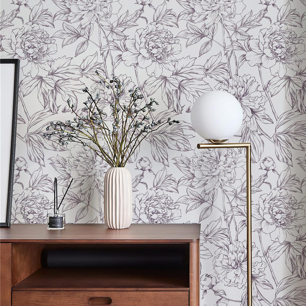 Фиолетовые Линии Эскиза Цветочные Обои Самоклеящиеся ПВХ Цветочный Декор Стен Элегантная Водонепроницаемая Наклейка для Шкафа