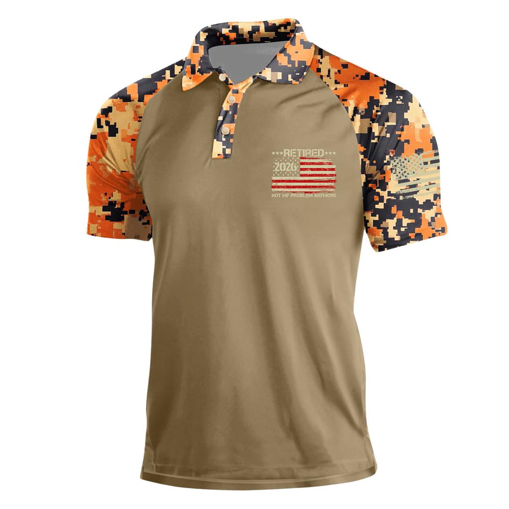 Men’s Polo Shirt with Camouflage Print Short Sleeves Flag Graphic Button Collar Casual Fit Retired 2026 Design