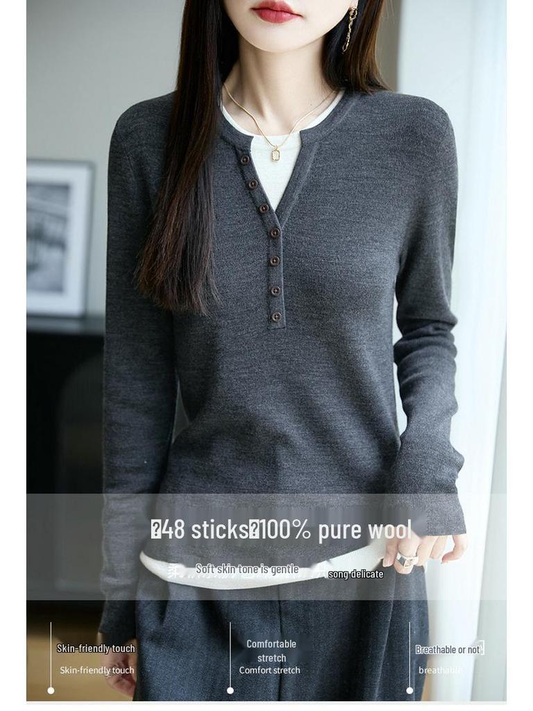 Women's 100% Pure Wool Crew Neck Knitted Sweater - Fake Two-Piece Long Sleeve Base Shirt for Autumn