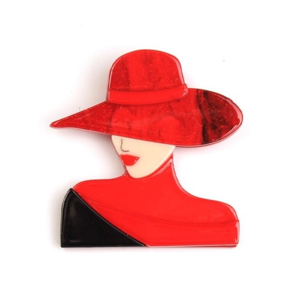 Cartoon Women Portrait Pin Large Modern Girls Badge Lady with Hat Brooch Clothing Accessories