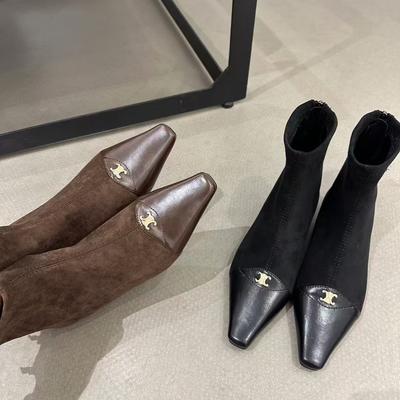 Ретро цветовая гамма, замшевые тонкие ботильоны с маленьким квадратным носком и низким клиновидным каблуком, женская обувь из Гуанчжоу